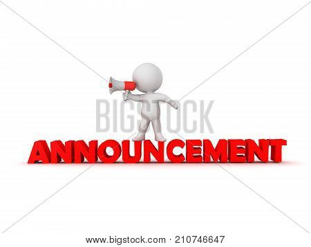 3D Character with loudspeaker standing on text saying announcement. Isolated on white.