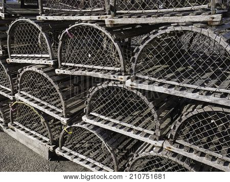 lobster traps also known as lobster pots in a stack