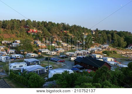 KRISTIANSAND ARCHIPELAGO, NORWAY ON JULY 01. View of a camping on the cost close to Kristiansand on July 01, 2009 in the Archipelago, Kristiansand, Norway. Editorial use.