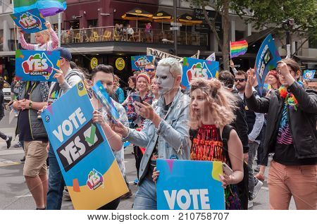 Adelaide, AU - October 22, 2017: Hundreds of supporters of Marriage Equality gather at Adelaide's Old Parliament House to march for equal rights.