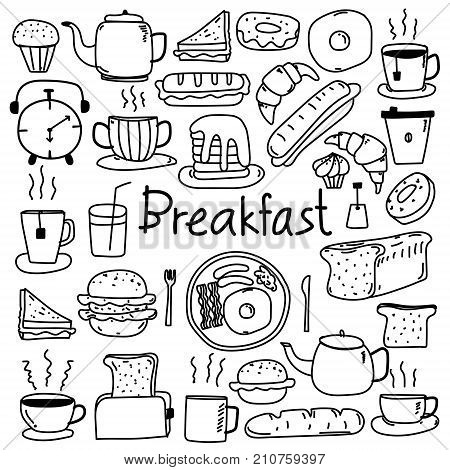 Line Hand Drawn Doodle Vector Breakfast Set. Vector Illustration.