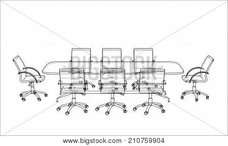 Conference table with chairs in sketch style. Vector rendering of 3d
