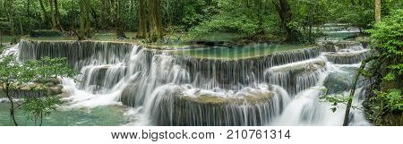 Huai Mae Khamin Waterfall (Sixth floor) tropical rainforest at Srinakarin Dam Kanchanaburi Thailand.Huai Mae Khamin Waterfall is the most beautiful waterfall in Thailand. Unseen Thailand