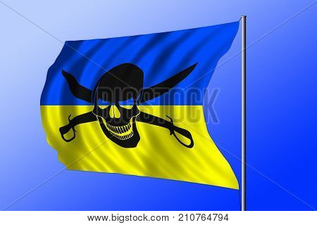 Waving Ukrainian flag combined with the black pirate image of Jolly Roger with cutlasses