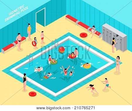 Isometric swimming pool composition with natatorium hall interior and figures of children with parents and tubes vector illustration