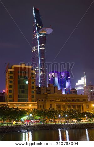 HO SHI MINH sity, VIETNAM - DECEMBER 20, 2015: Bitexco Financial Tower in the night landscape