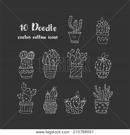 Set of 10 handdrawn doodle icons of cactus vases. Cactus succulents vector illustrations.