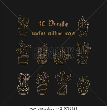 Set of 10 handdrawn doodle icons of cactus vases. Cactus succulents vector illustrations.