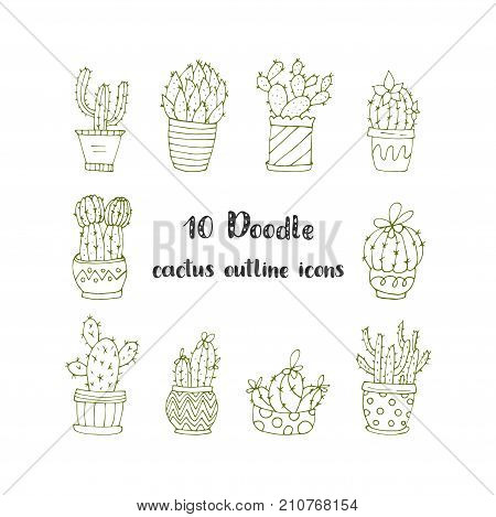 Set of 10 handdrawn doodle icons of cactus vases. Cactus succulents vector illustrations.