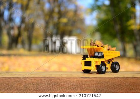 The Concept Of Seasonal Harvesting Of Autumn Fallen Leaves Is Depicted In The Form Of A Toy Yellow T
