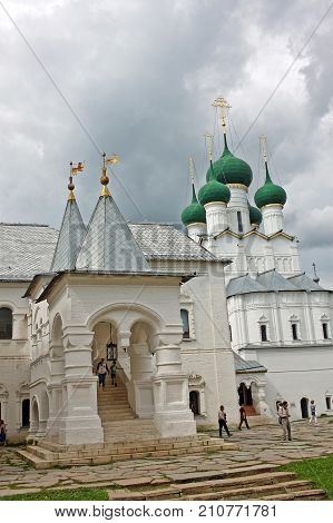 Rostov Russia - 18 July 2017: Church Of St. John the Apostle (built in 1683) and Red chamber (built in 1670--1680) in Rostov Kremlin