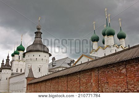 Rostov Russia - 18 July 2017: Towers of the Rostov Kremlin. Built in 1670-1683. View of domes wall and towers