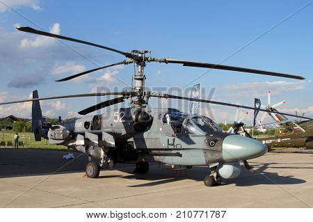 Moscow Region - July 21 2017: Military Helicopter Ka-52 Alligator at the International Aviation and Space Salon (MAKS) in Zhukovsky.