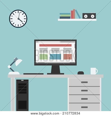 Workspace In Minimalistic Style And Color. Education Process. Flat Design. Vector