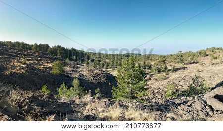 panoramic view Galvarina plateau in Etna Park, Sicily