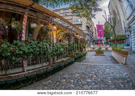 BELGRADE SERBIA - OCTOBER 21 2017: Restaurant on the old street Skadarlija the main bohemian place of Belgrade.