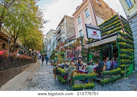 BELGRADE SERBIA - OCTOBER 21 2017: Restaurants on the old street Skadarlija the main bohemian place of Belgrade.