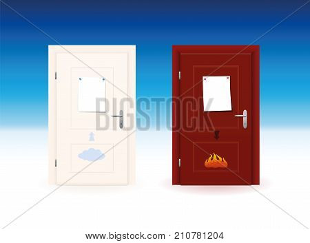 Heaven and hell door with blank sheets to insert any text or faces of brave people to get to heaven, or for the bad, evil, wicked, sinful ones with flames and down arrow on the door to go to hell.