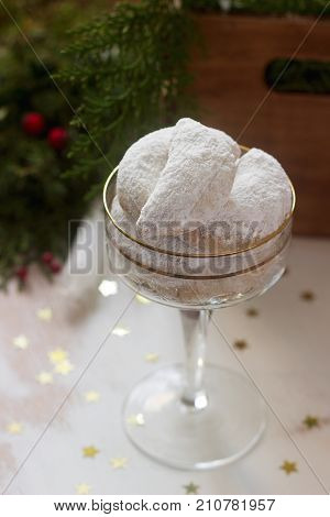 Christmas Cookies Vanilla Crescents In Festive Decoration.