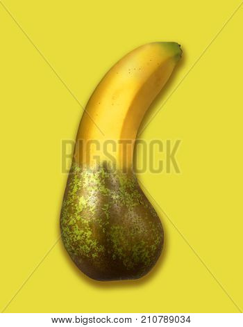 SURREAL MONTAGE OF BANANA AND PEAR ON YELLOW BACKGROUND