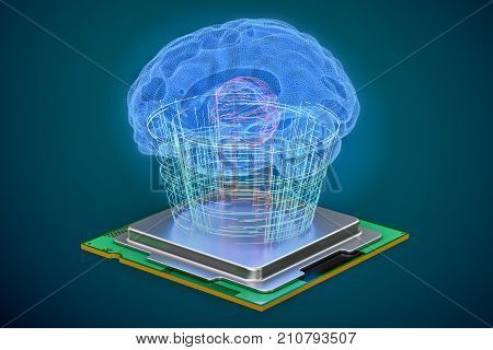 Artificial intelligence computer technology concept. Human brain with cpu processor artificial intelligence concept. 3D rendering