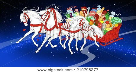 Three running horses pulling wagon with food