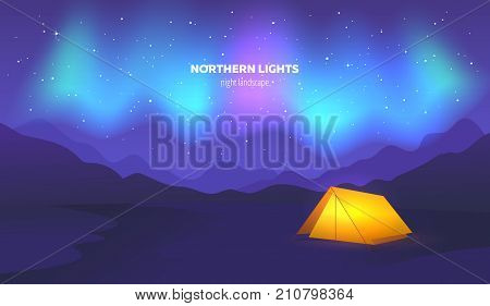 Camp tent under beautiful northern lights in night sky. Vector illustration