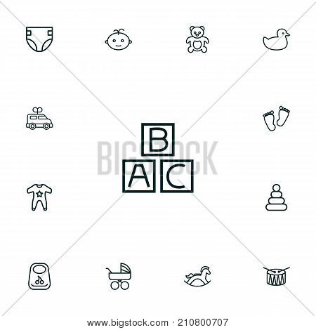Collection Of Boy, Bib, Smock And Other Elements.  Set Of 13 Child Outline Icons Set.