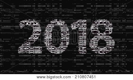 Glitch new year sign. 2018 celebration logo. Computer screen error. Digital pixel abstract holiday design. Video game glitch. Television signal fail. Technical problem grunge.
