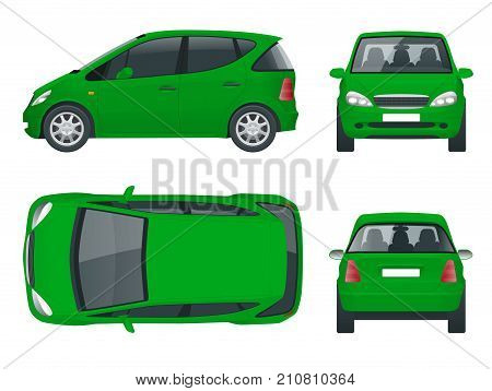 Small Green Compact Electric vehicle or hybrid car. Eco-friendly hi-tech auto. Easy color change. Template vector isolated on white View front, rear, side, top