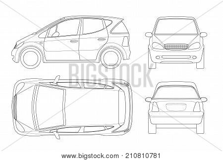 Small Compact Electric vehicle or hybrid car on outline. Eco-friendly hi-tech auto. Template vector isolated. View front, rear, side, top. Easy to change the thickness of the lines