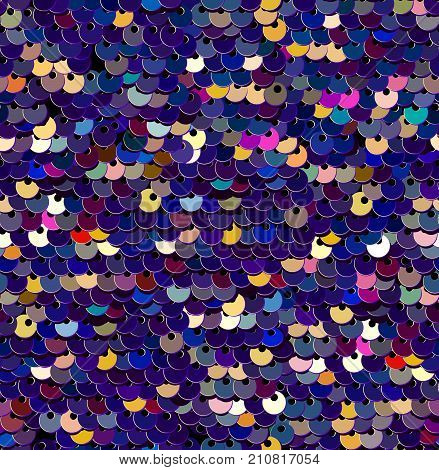 Sequins  Seamless Pattern. Vector. Without gradient. Multicolor Purple Background. Embroidery.