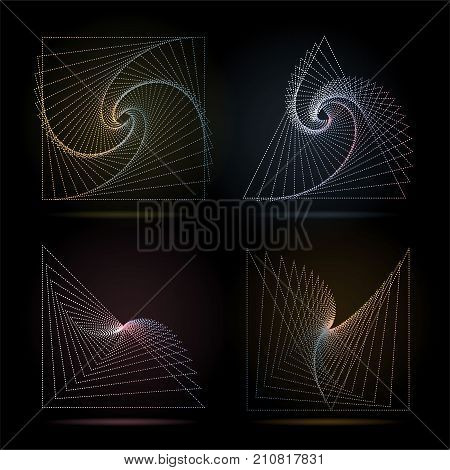 Abstract geometric symbols on black background. Assymmetrical abstract compositions of dotted lines. modern graphic design for decorations, cards, posters and t-shirt prints.