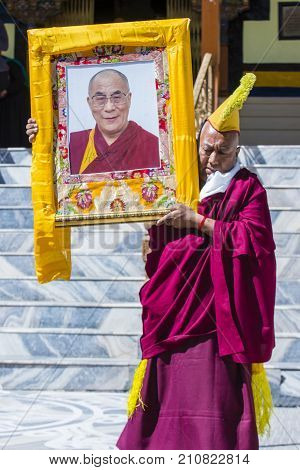 LEH INDIA - SEPTEMBER 20 2017: Buddhist Tibeti monk Participates in the Ladakh Festival in Leh India on September 20 2017