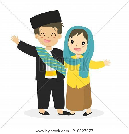 Indonesian boy and girl wearing Betawi, Jakarta traditional dress, cartoon vector illustration