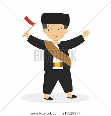 Jakarta, Betawi boy wearing traditional dress and holding Indonesian flag cartoon vector