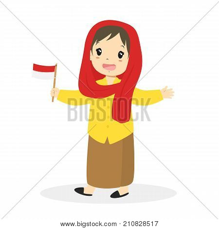 Jakarta, Betawi girl wearing traditional dress and holding Indonesian flag cartoon vector