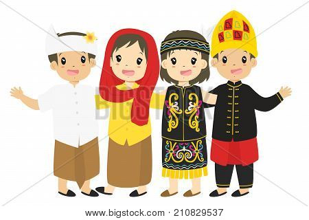 Indonesian boys and girls wearing traditional dress embracing each other, cartoon vector