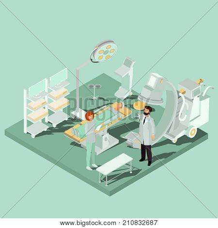 Vector isometric interior of operating theater, operating room with operating table, medical and lighting equipment, surgeon, nurse and patient. Concept of acute surgery, plastic surgery