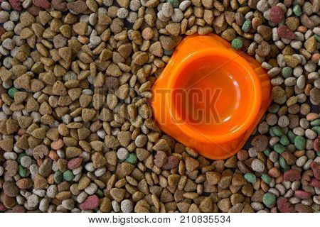 Empty plastic bowl surrounded by dry pet food