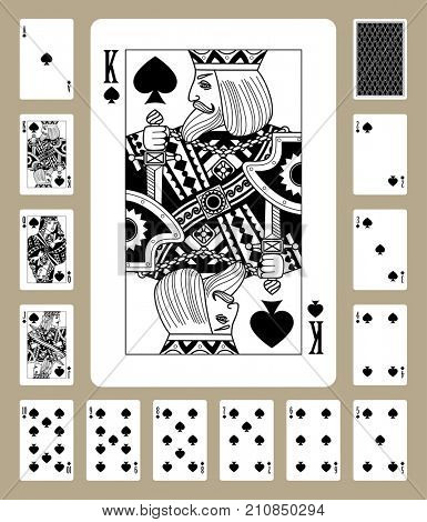 Playing cards of Spades suit in black and white. Original design