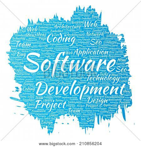 Conceptual software development project coding technology paint brush word cloud isolated background. Collage of application web design, seo ideas, implementation, testing upgrade concept