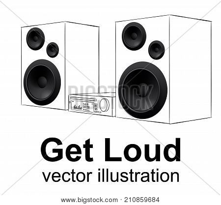 Audio system hand drawing music center on white realistic speakers vector illustration.White background.