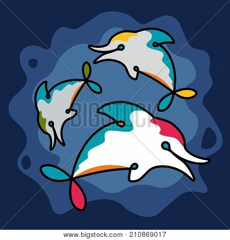 Pod of Abstract Comic Cartoon Hand Drawn Dolphins in the Wildlife Sea Mammals Trio