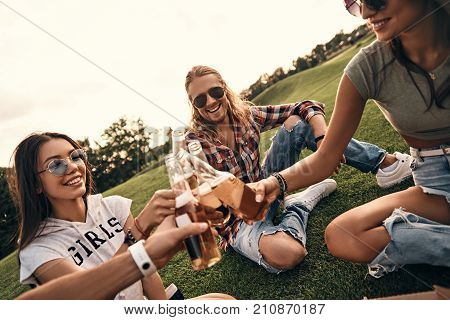 Cheers to friendship! Group of young smiling people in casual wear toasting with beer bottles while enjoying picnic outdoors