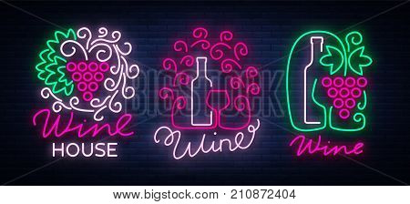 Wine logos set in trendy neon style. Logo, neon signs glowing banner. Bright sign for the menu, bar, restaurant, wine list, wine house, wine label, vineyard, winery. Vector illustration.
