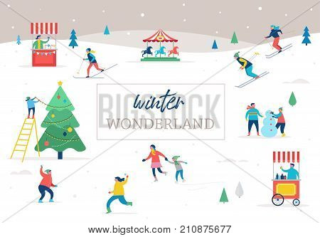 Winter sport scene, Christmas street event, festival and fair, with people, families make fun