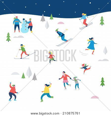 Winter sport scene, Christmas street event, festival and fair, with people, families make fun