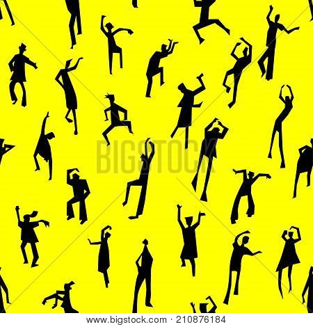 Dancing people semless pattern. People figures in motion. Cute background with silhouettes of moving person. Vector illustration in simple artistic style. Design for nightclub and party invitation