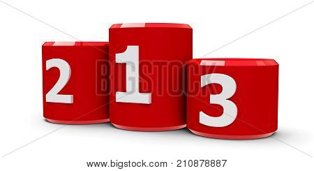 Red cylinder podium with three rank places three-dimensional rendering 3D illustration